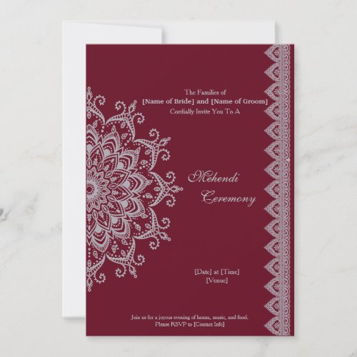 Customize Metallic Silver Burgundy Mehendi Indian Invitation