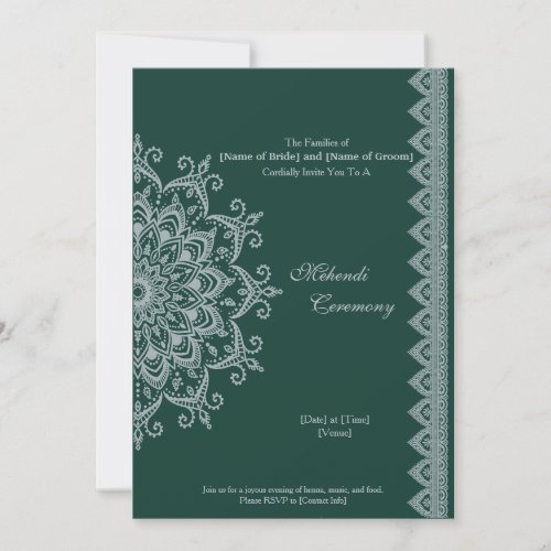 Customize Metallic Silver Emerald Mehendi Indian Invitation