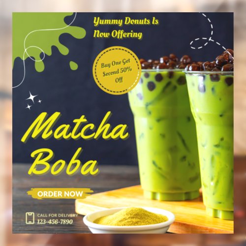 Customize Minimalist Matcha Boba Tea Donut Shop Window Cling