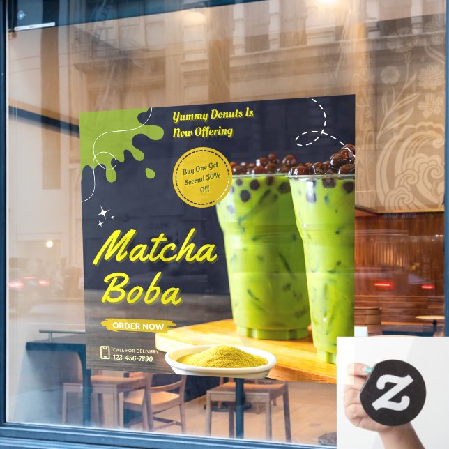 Customize Minimalist Matcha Boba Tea Donut Shop Window Cling (Cafe Window)