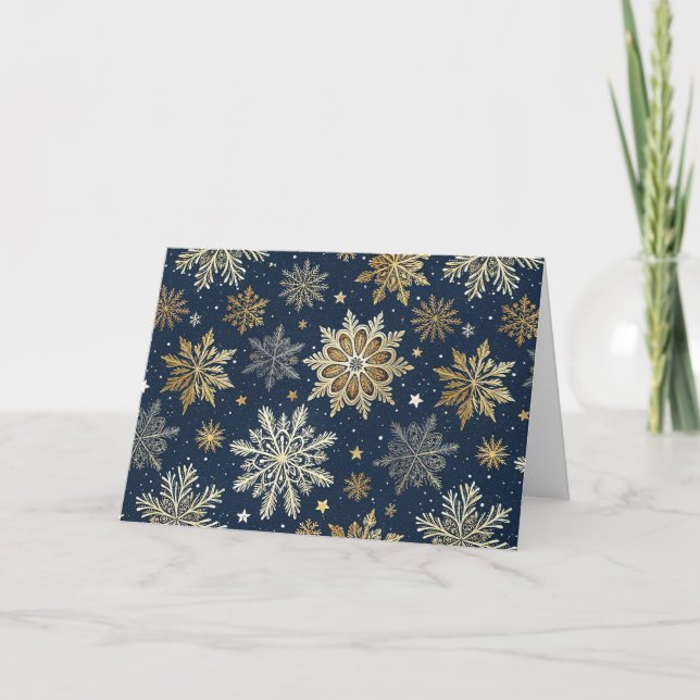 Customize Modern Navy & Gold Snowflakes Holiday Card (Front)