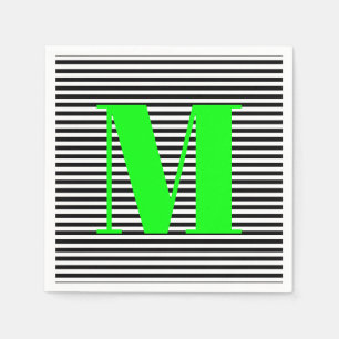 Customize monogram black white stripes neon green napkins