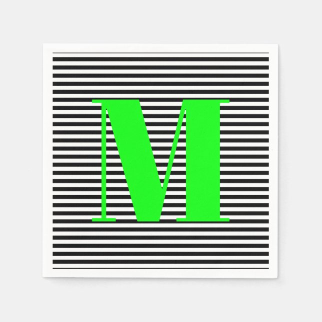 Customize monogram black white stripes neon green napkins (Front)