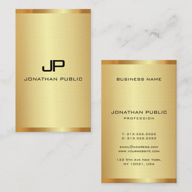 Customize Monogram Elegant Faux Gold Vertical Business Card (Front/Back)