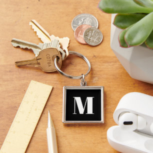Customize monogram initial black white keychain