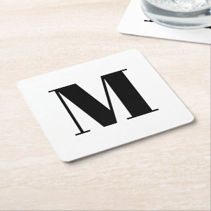 Customize monogram initial black white square paper coaster