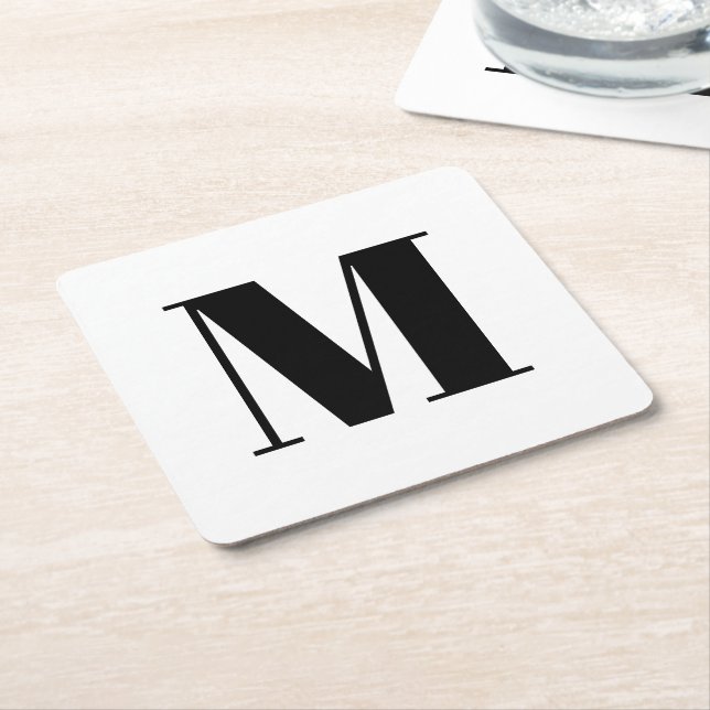 Customize monogram initial black white square paper coaster (Angled)