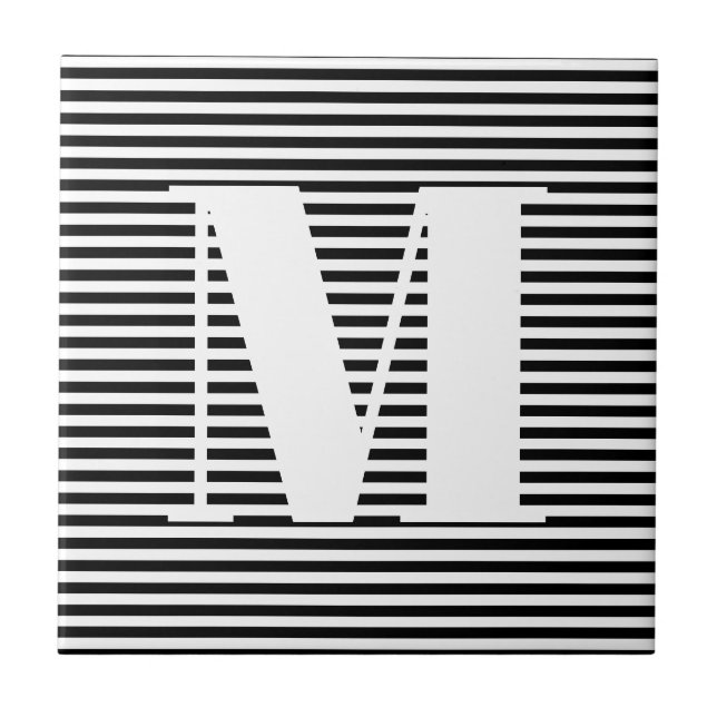 Customize monogram initial black white stripes ceramic tile (Front)
