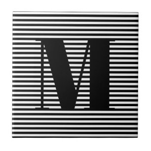 Customize monogram initial black white stripes ceramic tile