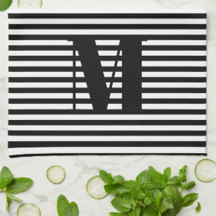 Customize monogram initial black white stripes kitchen towel