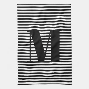 Customize monogram initial black white stripes kitchen towel
