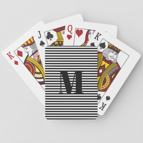 Customize monogram initial black white stripes poker cards