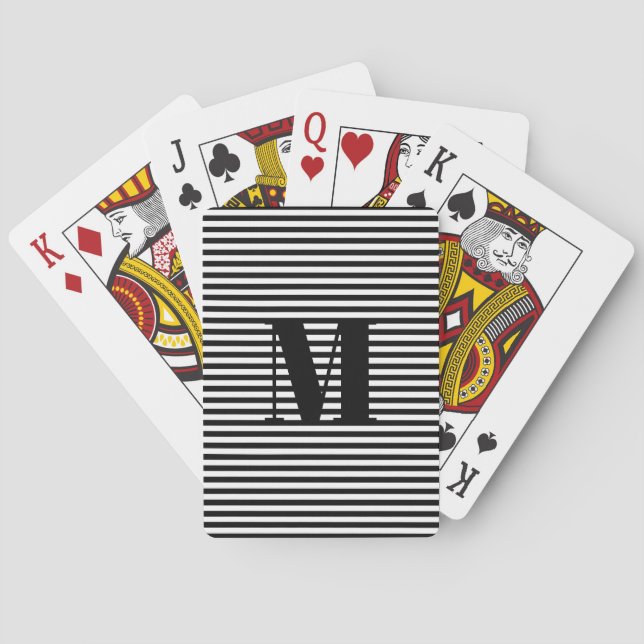 Customize monogram initial black white stripes poker cards (Back)