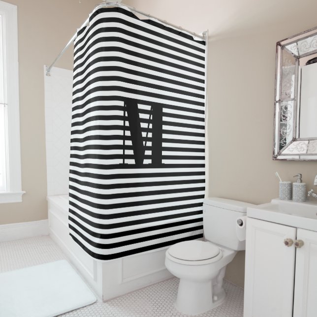 Customize monogram initial black white stripes shower curtain (In Situ)