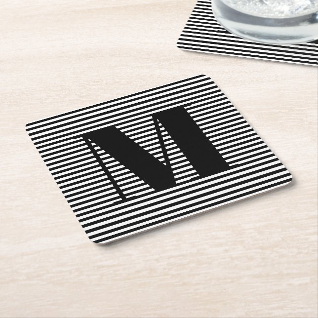 Customize monogram initial black white stripes square paper coaster (Angled)