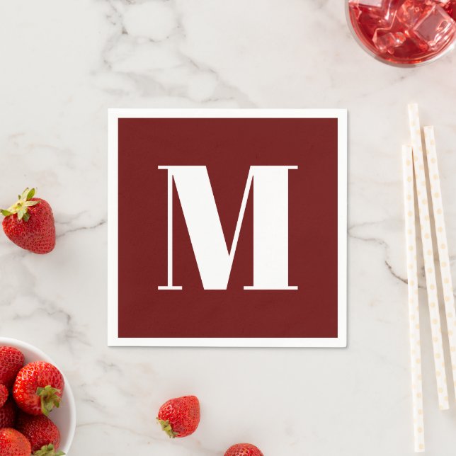 Customize monogram initial burgundy white napkins (Insitu)