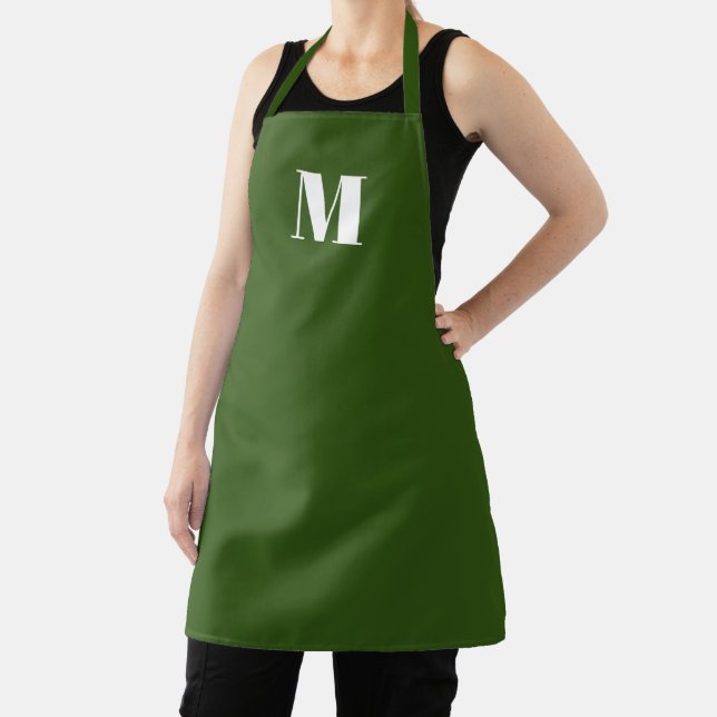 Customize monogram initial forest green white apron (Insitu)