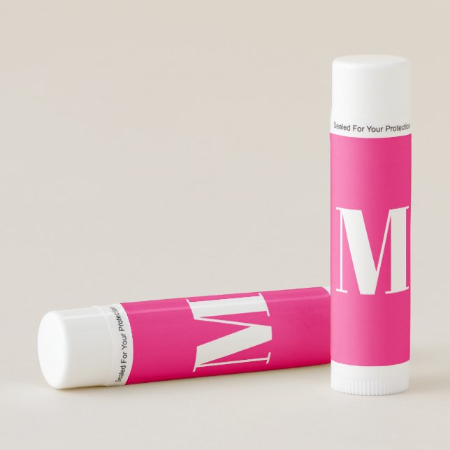 Customize monogram initial letter hot pink white lip balm (Front)