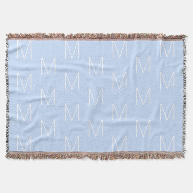 Customize monogram initial letter sky blue white throw blanket (Front)