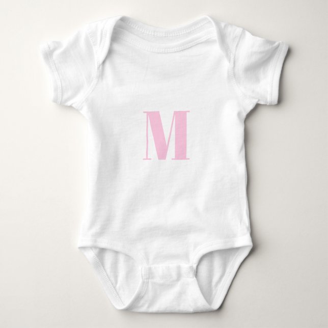 Customize monogram initial light pink white baby bodysuit (Front)