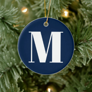 Customize monogram initial navy blue white ceramic ornament