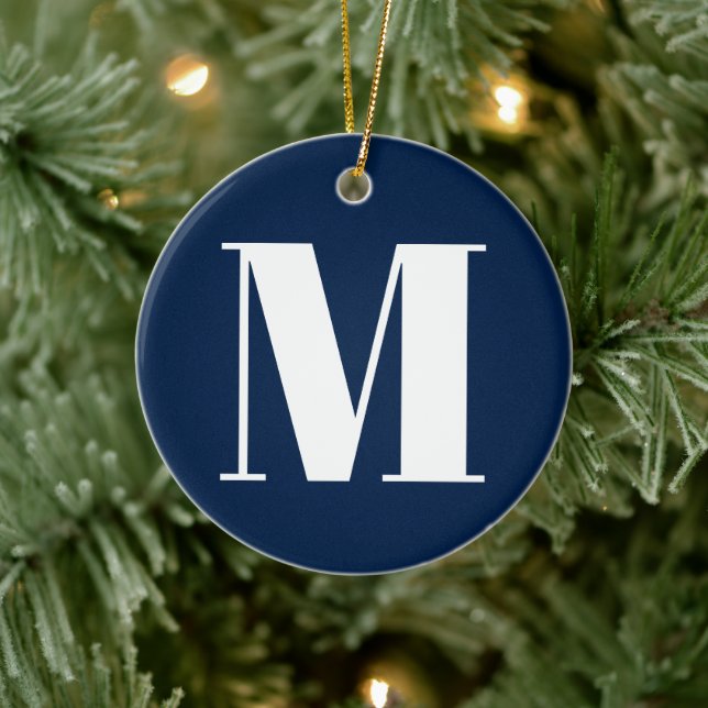 Customize monogram initial navy blue white ceramic ornament (Tree)