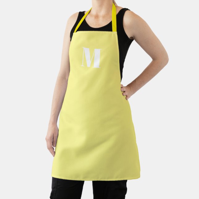 Customize monogram initial pale yellow white apron (Insitu)