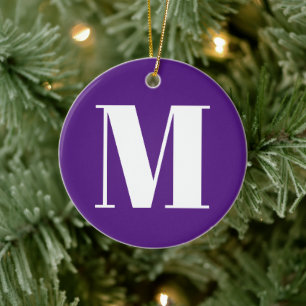 Customize monogram initial purple white Christmas Ceramic Ornament