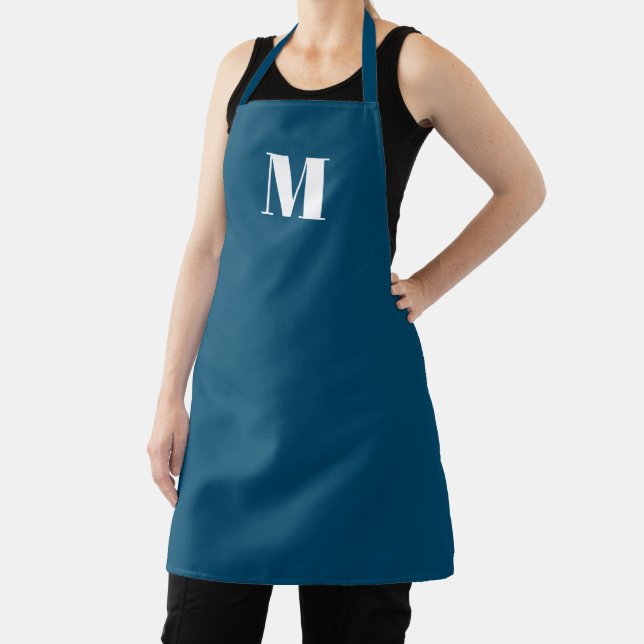 Customize monogram initial teal blue white apron (Insitu)