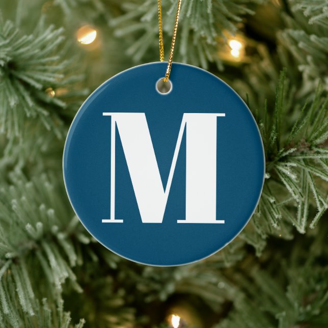 Customize monogram initial teal blue white ceramic ornament (Tree)
