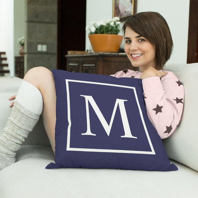 Customize monogram on navy blue throw pillow (Creator Uploaded)