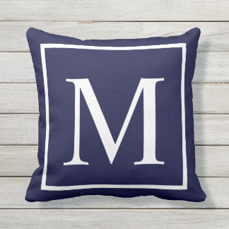 Customize monogram text on navy blue outdoor pillow