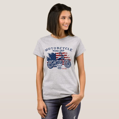 Customize Motorcycle Road Trip Route 66 USA Flag   T_Shirt