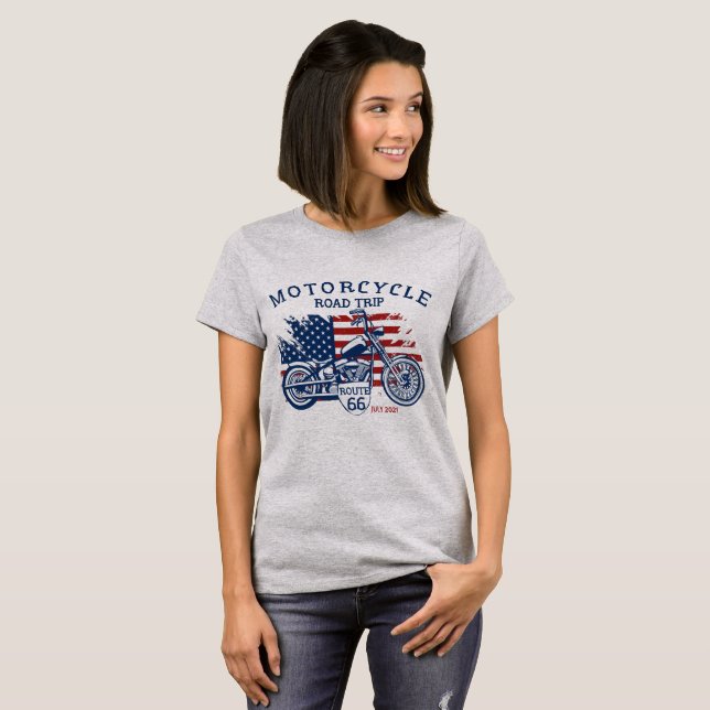 Customize Motorcycle Road Trip Route 66 USA Flag   T-Shirt (Front Full)