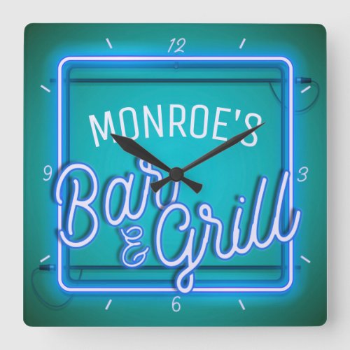 Customize NAME Blue Faux Neon Sign Retro Bar Grill Square Wall Clock