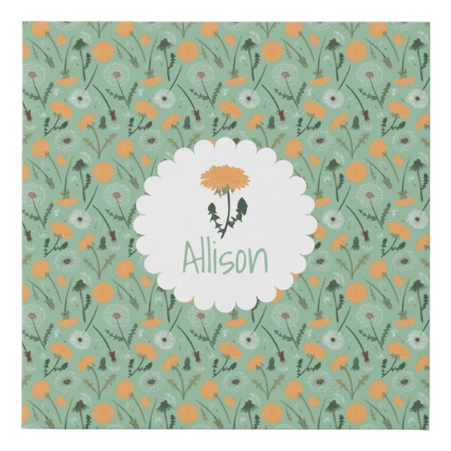 Customize Name Dandelion Flowers Orange Floral Faux Canvas Print (Front)