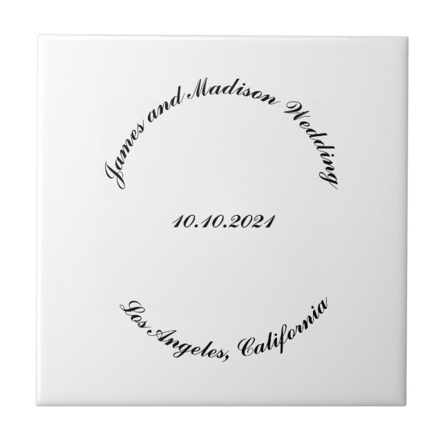 Customize Name, date black curved letters wedding Ceramic Tile (Front)