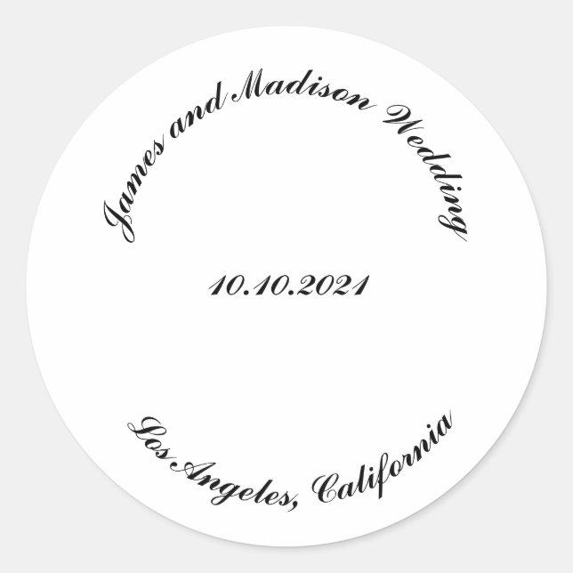 Customize Name, date black curved letters wedding Classic Round Sticker (Front)