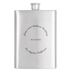 Customize Name, date black curved letters wedding Flask