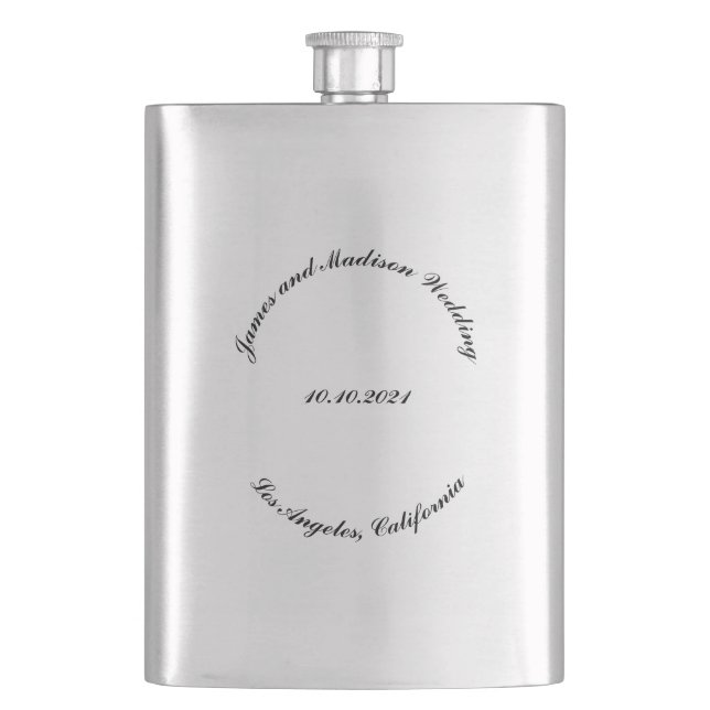 Customize Name, date black curved letters wedding Flask (Front)