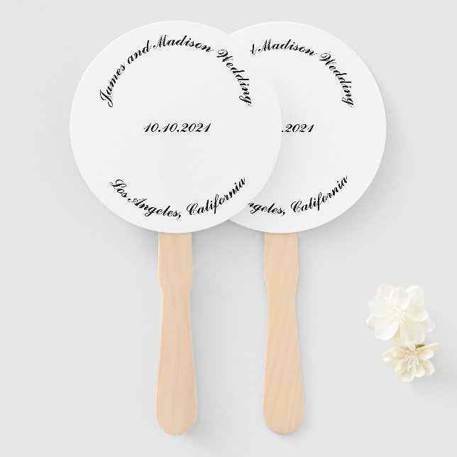 Customize Name, date black curved letters wedding Hand Fan (Front and Back)