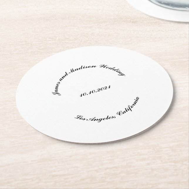 Customize Name, date black curved letters wedding Round Paper Coaster (Angled)