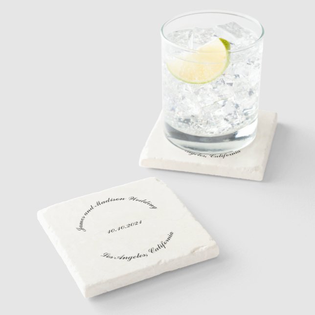 Customize Name, date black curved letters wedding Stone Coaster (Side)