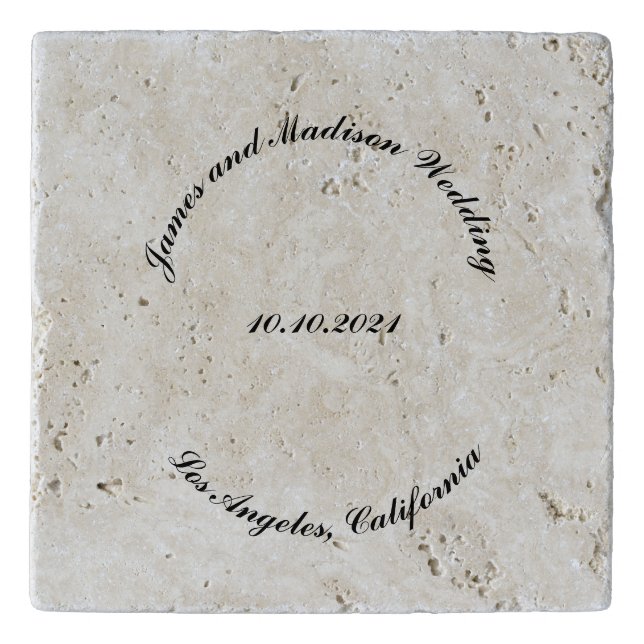 Customize Name, date black curved letters wedding Trivet (Front)