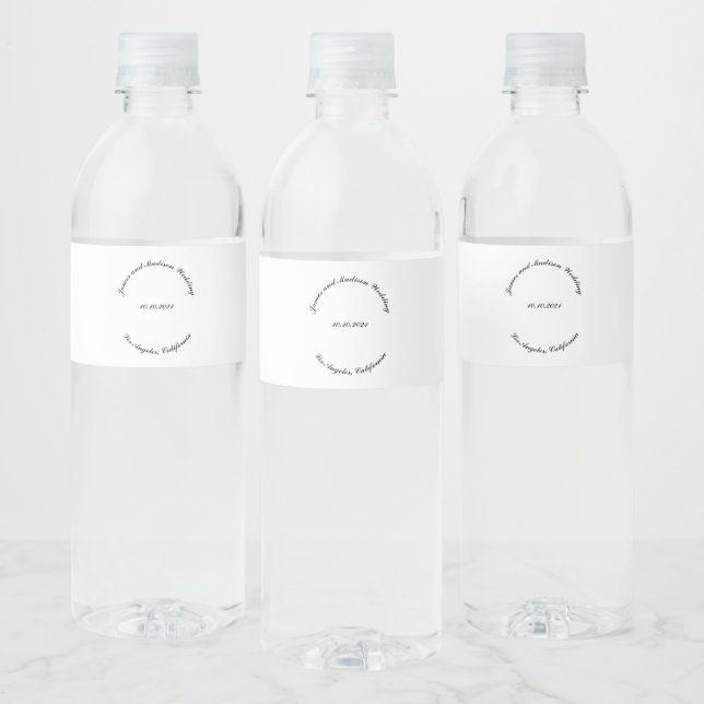 Customize Name, date black curved letters wedding Water Bottle Label (Bottles)