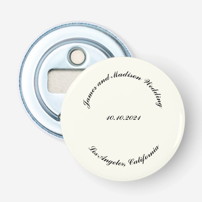 Customize Name, date black ivory wedding Bottle Opener (Front)