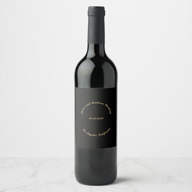 Customize Name, date black simil gold wedding Wine Label (Front)