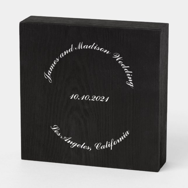 Customize Name, date black white wedding Wooden Box Sign (Angled Horizontal)