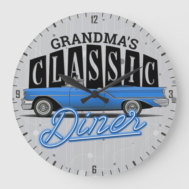 Customize NAME Faux Neon Fifties Classic Car Diner Large Clock (Front)