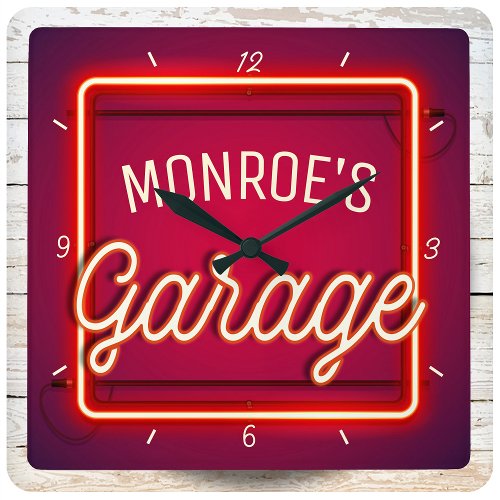Customize NAME Faux Neon Sign Hot Rod Car Garage Square Wall Clock